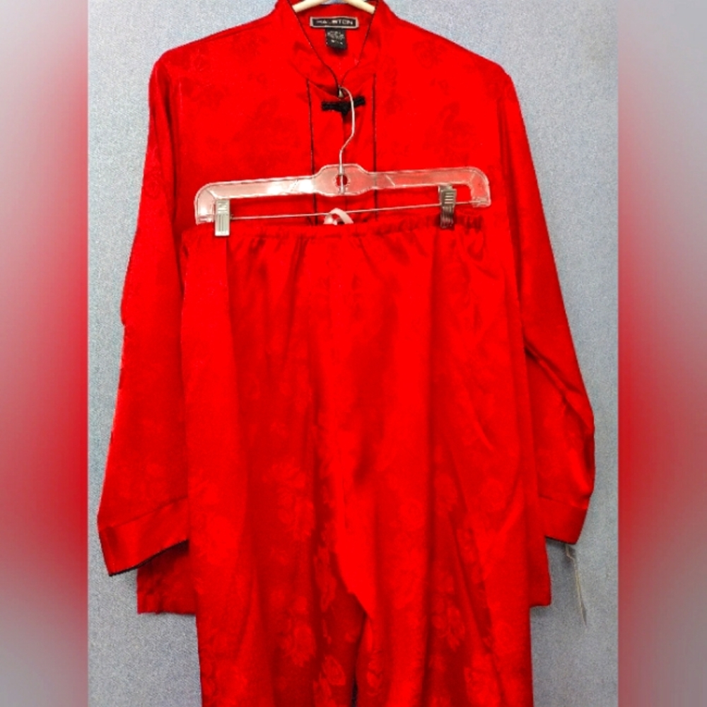 Halston Red Floral Pajama Set Mandarin Collar Sleepwear Loungewear Size L
